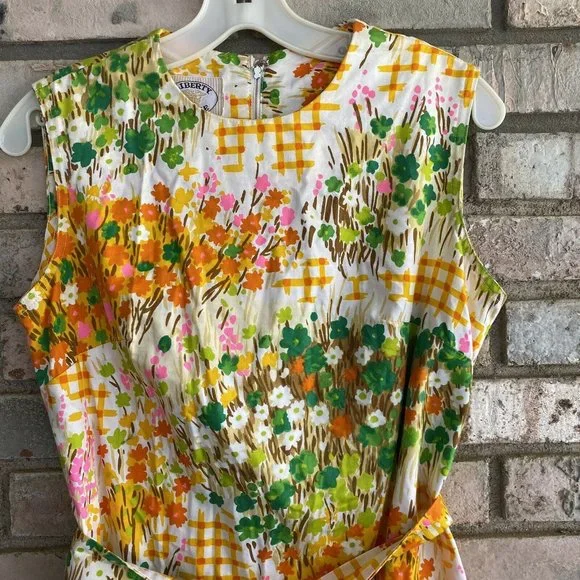Vintage 60’s Liberty Circle Orange Yellow Floral Sleeveless Dress Belted